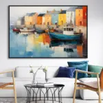 Yağlı Boya Dokulu Tablo Kıyıda Kayıklar Modern Manzara Siyah Çerçeveli