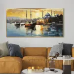 Yağlı Boya Dokulu Tablo İstanbul Eminönü Manzara Altın Çerçeveli