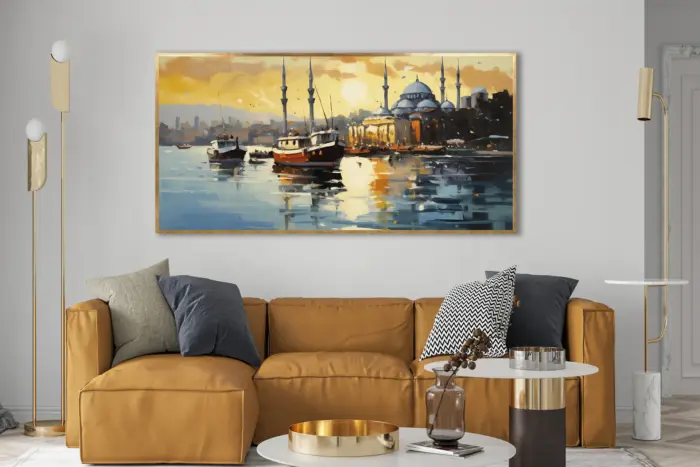 Yağlı Boya Dokulu Tablo İstanbul Eminönü Manzara Altın Çerçeveli - Görsel 2