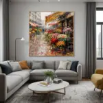 Yağlı Boya Dokulu Tablo Sokakta Çiçekçiler Altın Çerçeveli