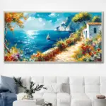 Yağlı Boya Dokulu Tablo Akdeniz Kıyı Manzara Gümüş Çerçeveli