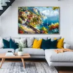 Yağlı Boya Dokulu Tablo Akdeniz Kıyı Evleri Gümüş Çerçeveli