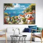 Yağlı Boya Dokulu Tablo Akdeniz Evleri Gümüş Çerçeveli