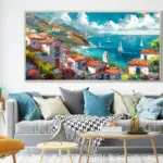 Yağlı Boya Dokulu Tablo Akdeniz Evleri Gümüş Çerçeveli