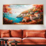 Yağlı Boya Dokulu Tablo Sonbahar Kıyı Manzara Altın Çerçeveli