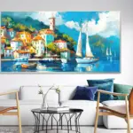 Yağlı Boya Dokulu Tablo Kıyıda Yelkenli ve Evler Gümüş Çerçeveli