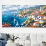 Yağlı Boya Dokulu Tablo Akdeniz Kıyısında Evler Gümüş Çerçeveli